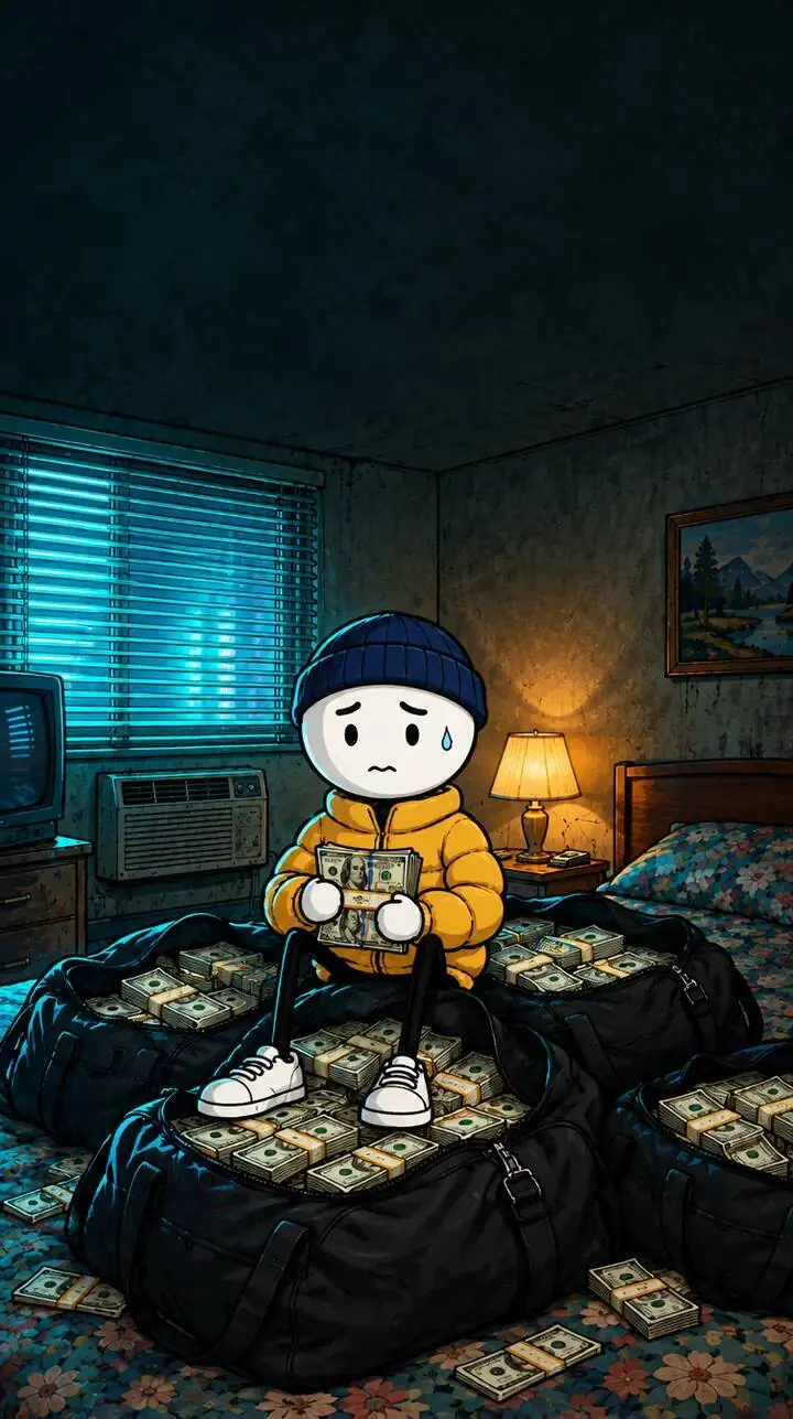 BRAQUO dans la chambre du motel, entouré de sacs de billets